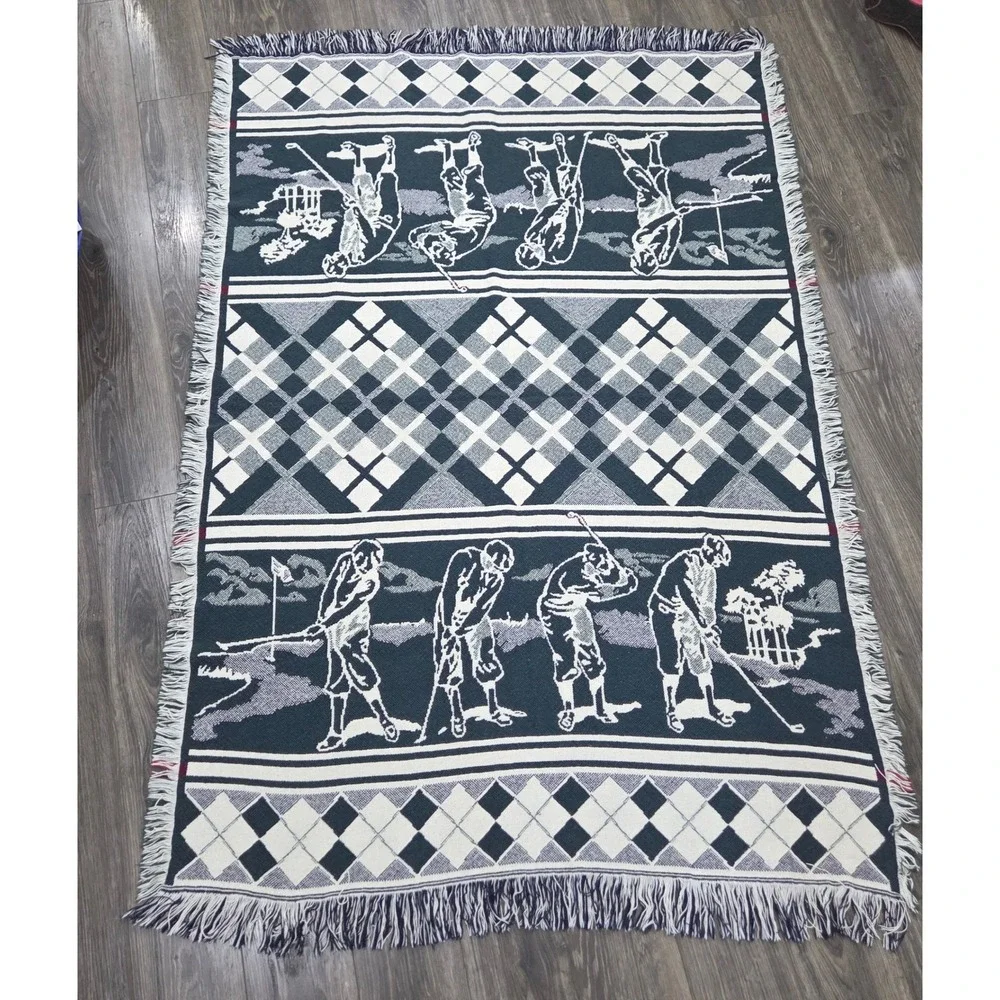 Vintage Golf Tapestry Throw Blanket Argyle Woven‎ Fringe Excellent Country Club